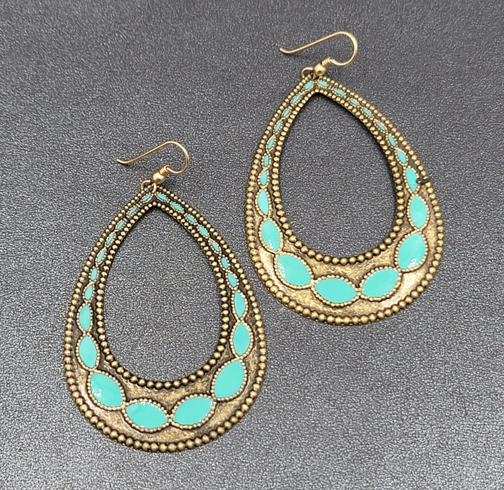 Pierced Earrings Bronze tone Blue Enamel Teardrop Hoops Large Dangle 2.75"