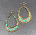 Pierced Earrings Bronze tone Blue Enamel Teardrop Hoops Large Dangle 2.75"