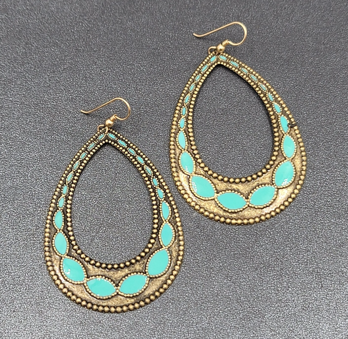 Pierced Earrings Bronze tone Blue Enamel Teardrop Hoops Large Dangle 2.75"