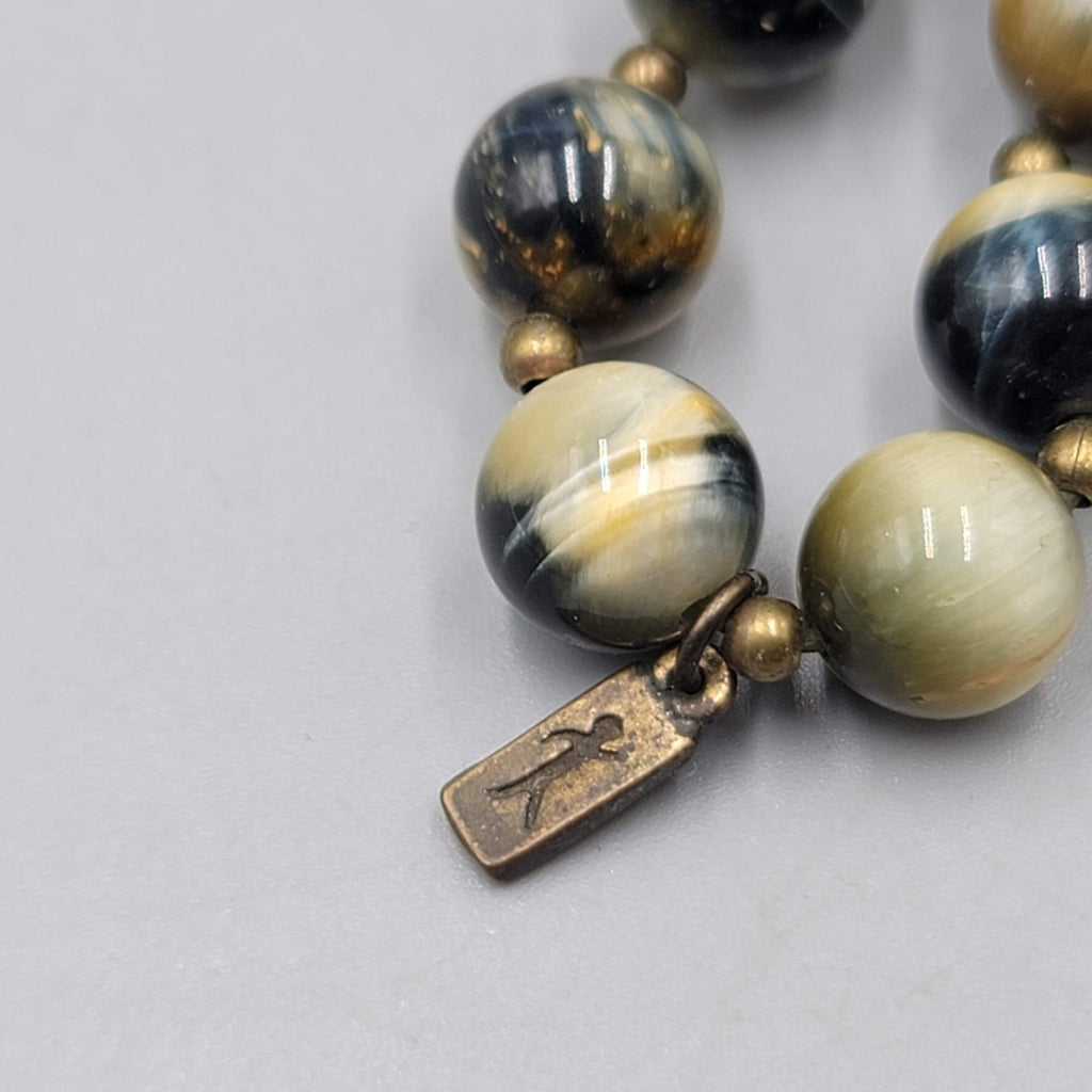 Agate Stone Bead Double Strand Bracelet Bronze tone Signed Elastic