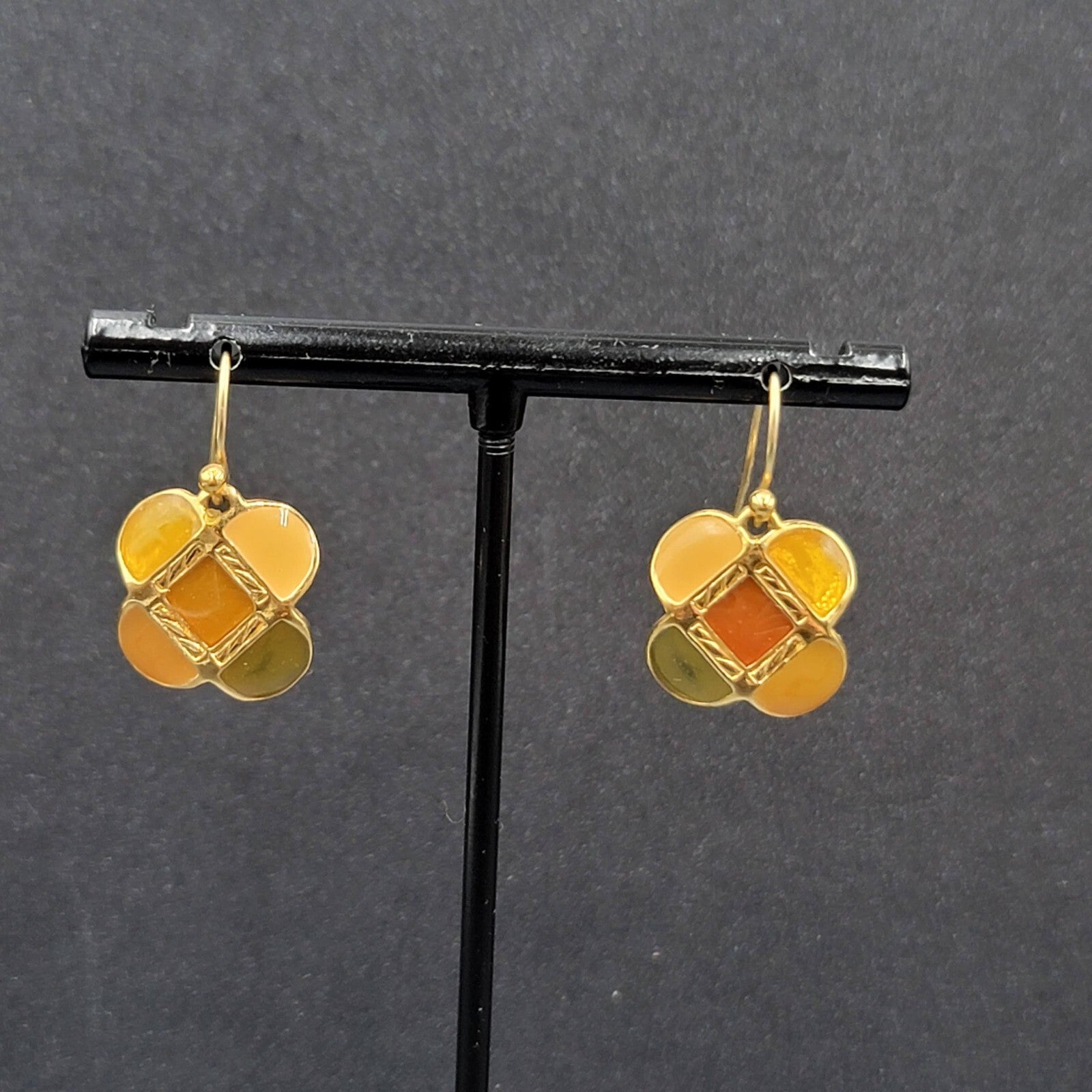 Ann Klein Pierced Earrings Gold Plated Orange Green Enamel Dangle 5/8"
