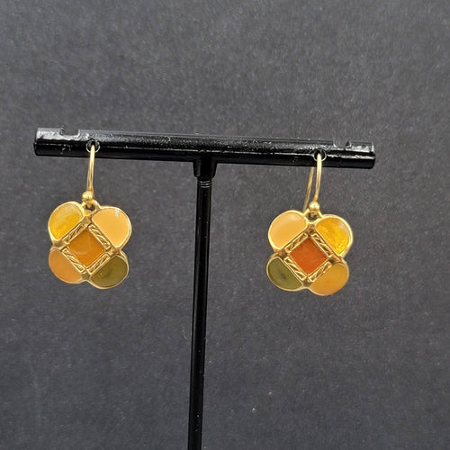 Ann Klein Pierced Earrings Gold Plated Orange Green Enamel Dangle 5/8"
