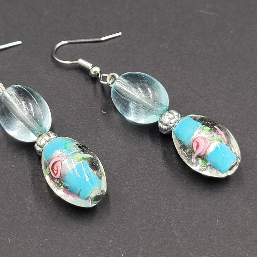 Blue Flower Art Glass Bead Pierced Earrings Silver tone Dangle 1.5"