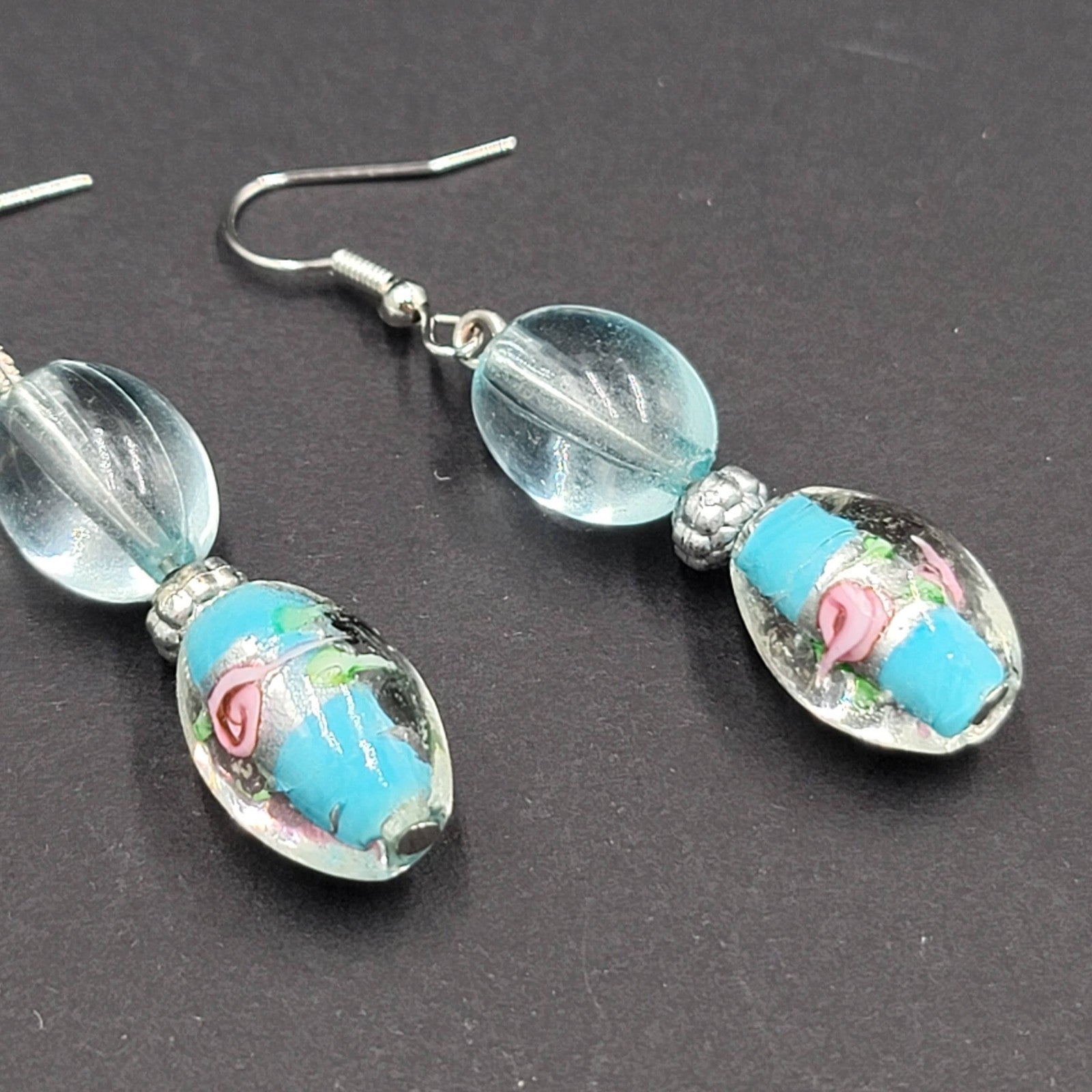 Blue Flower Art Glass Bead Pierced Earrings Silver tone Dangle 1.5"