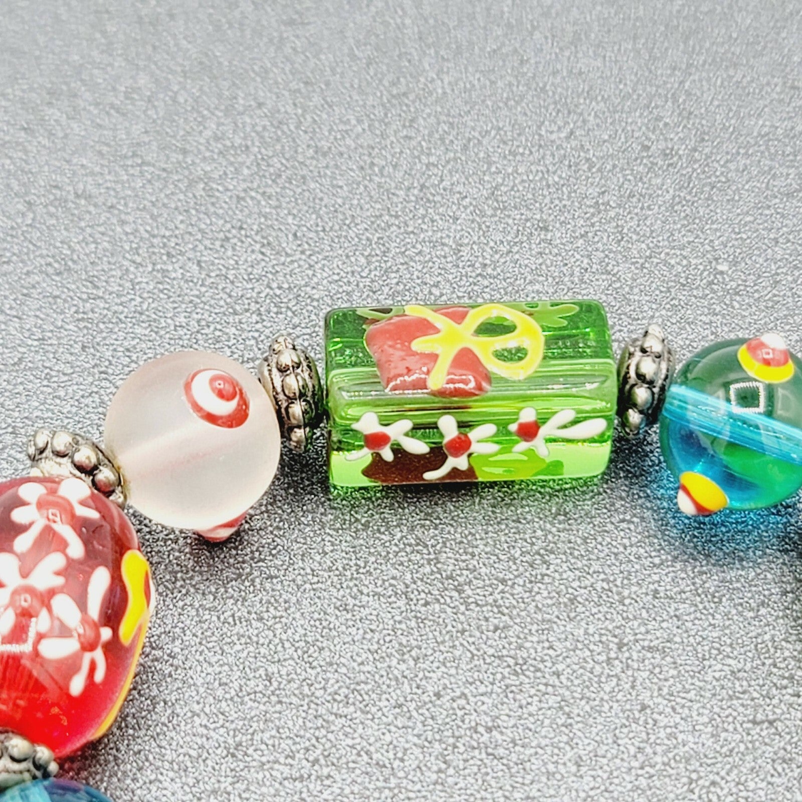 Christmas Art Glass Bead Stretch Bracelet Hand Painted Snowman Snowflake