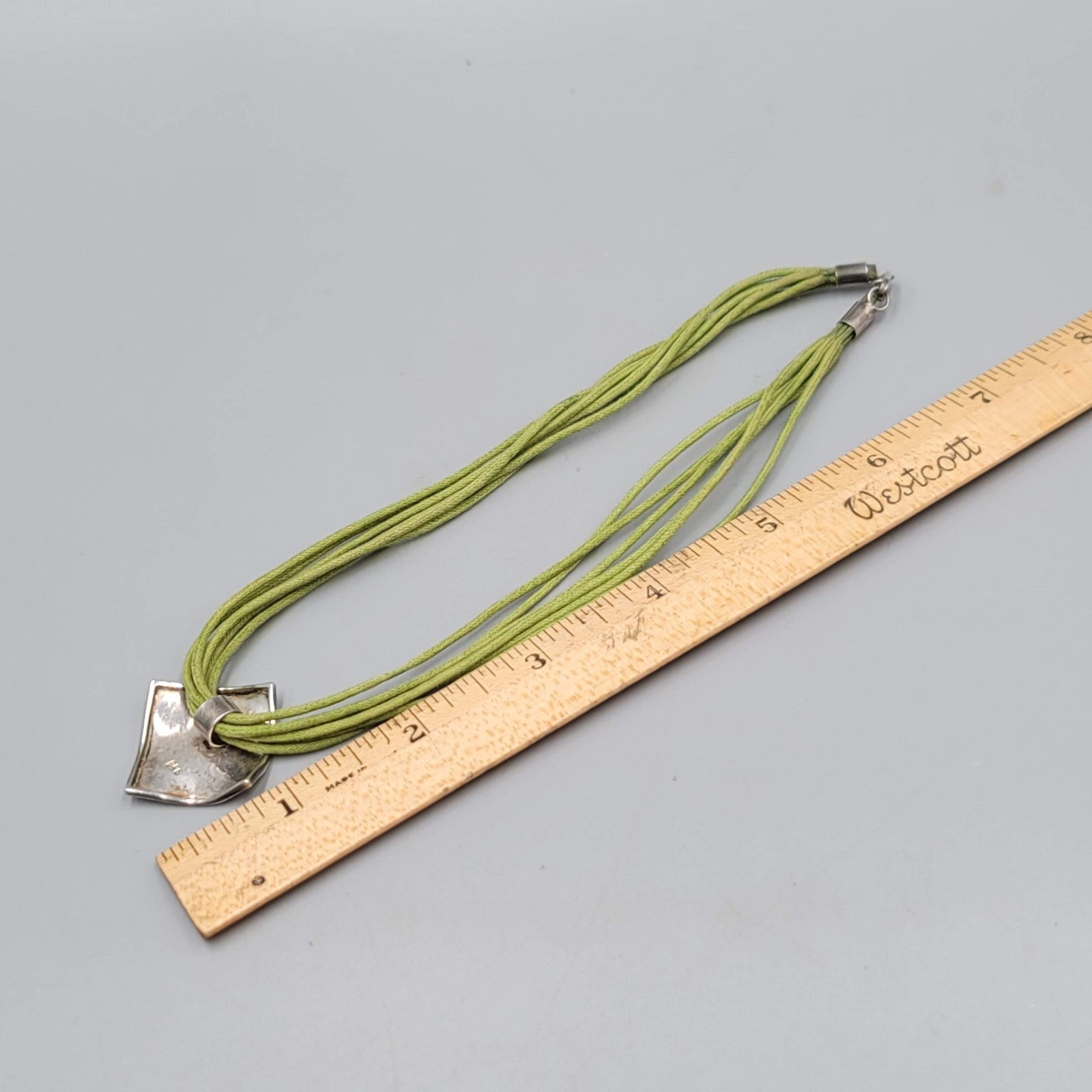 Hammered Square Sterling Silver Pendant Necklace Green Cord Chocker 14"