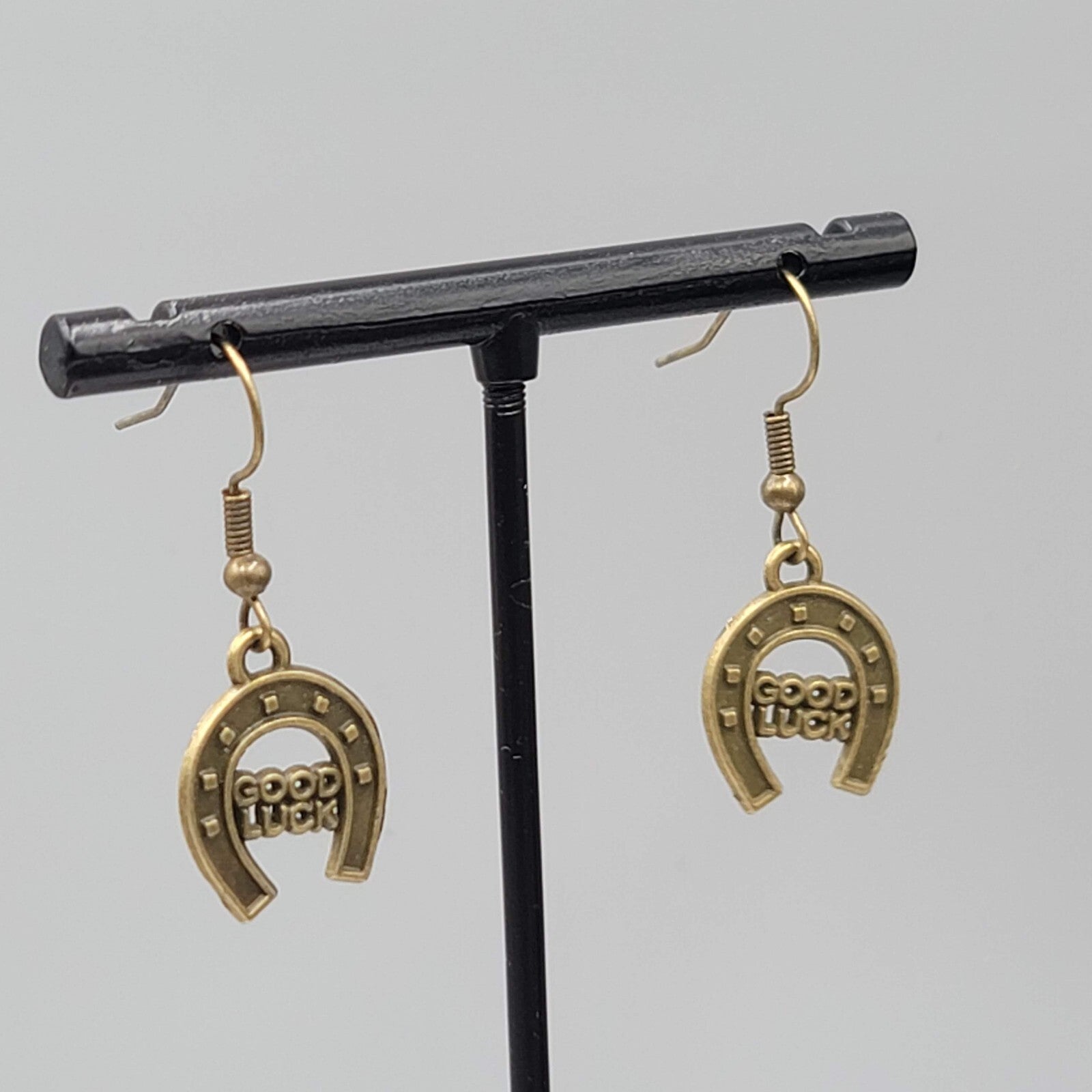 Good Luck Horseshoe Pierced Earrings Bronze tone Dangle NEW 3/4"