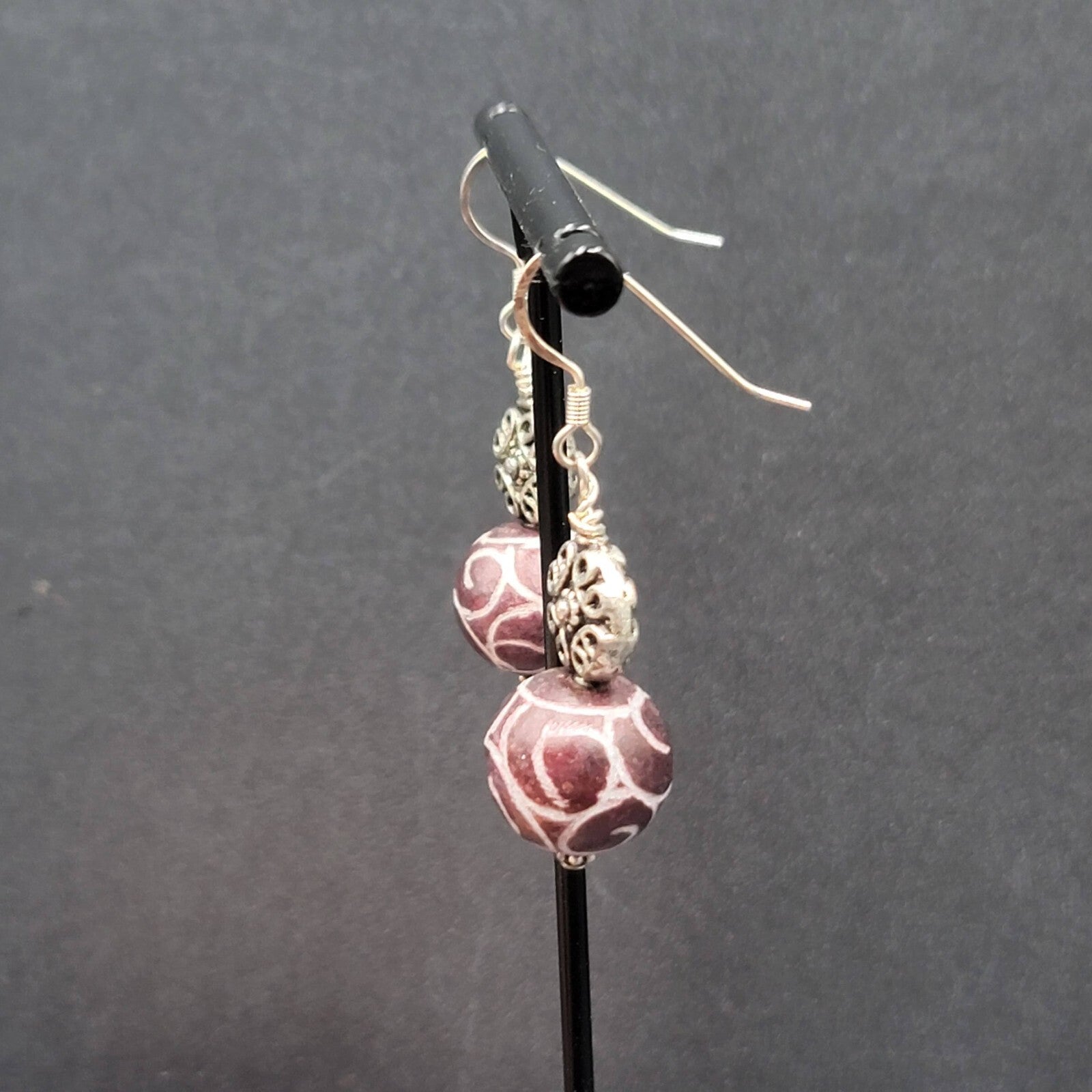 Pierced Earrings Silver tone Hand Carved Purple Stone Bead Dangle  1.25"