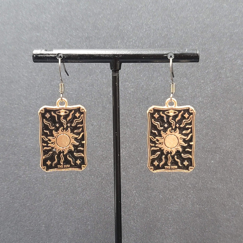 Tarot Card Pierced Earrings The SUN Gold tone Black 1"