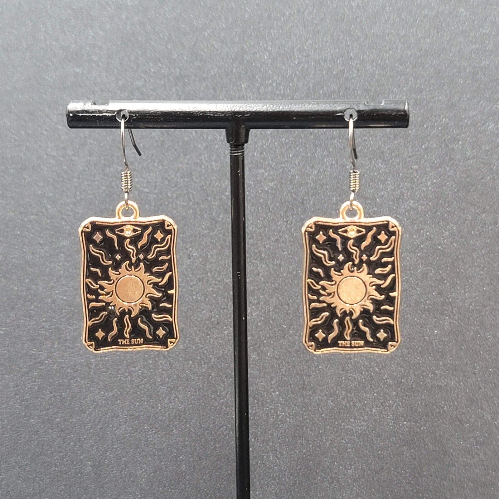 Tarot Card Pierced Earrings The SUN Gold tone Black 1"