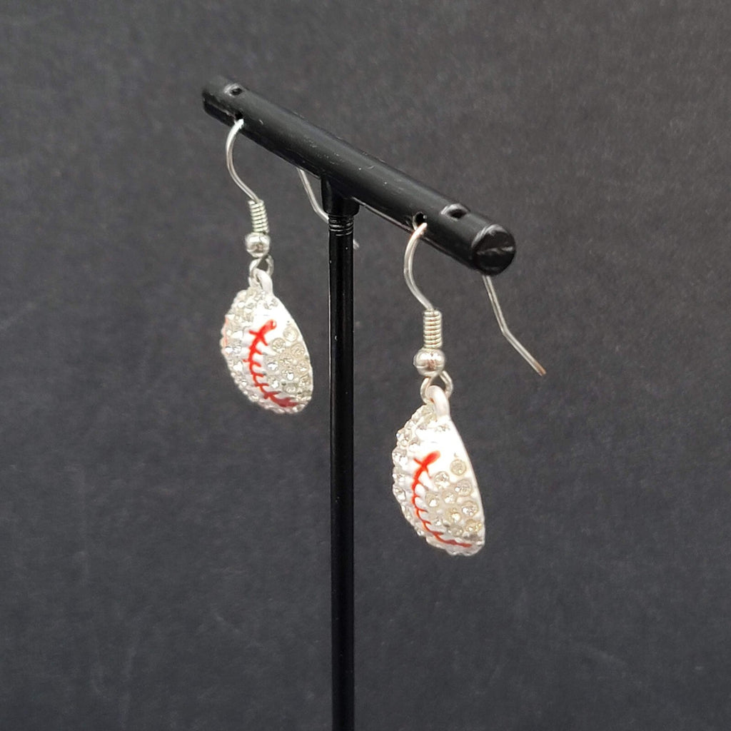 Baseball Pierced Earrings Rhinestone Enamel Dangle 3/4"