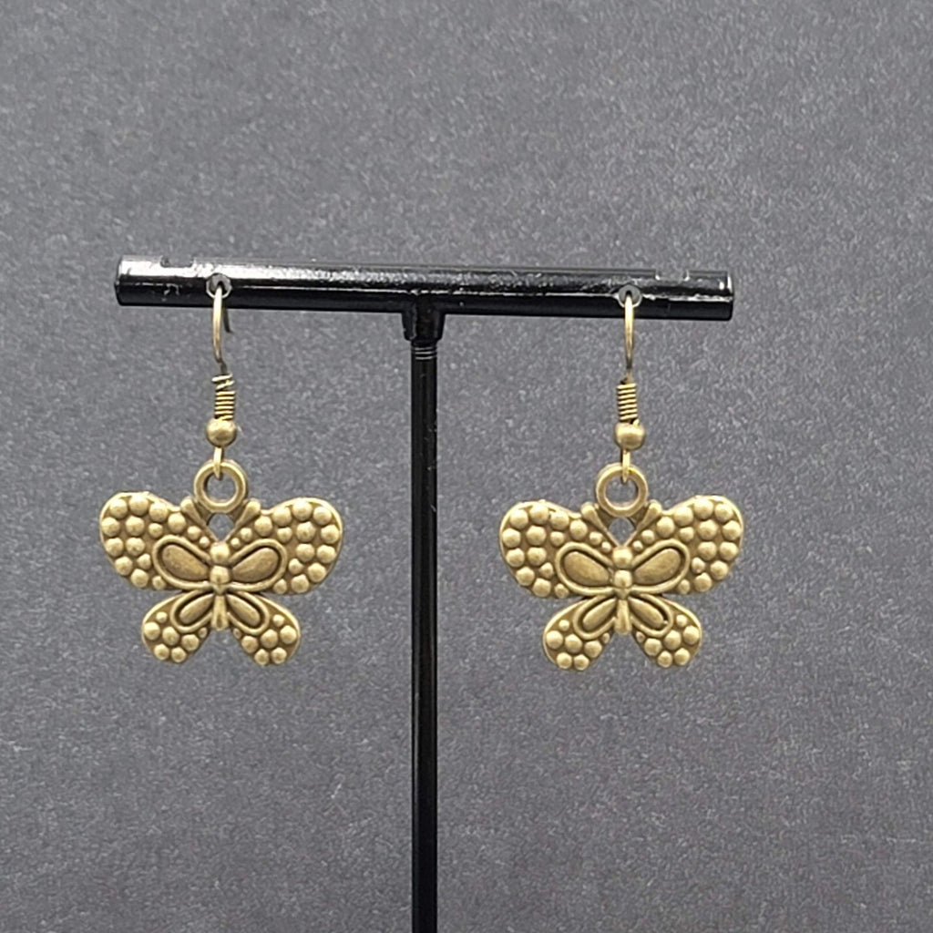 Butterfly Pierced Earrings Dangle Bronze tone Embossed 7/8"