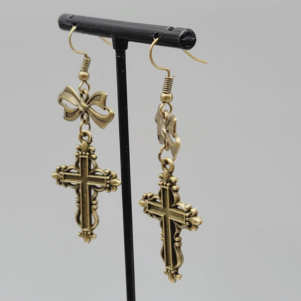 Cross Pierced Earrings Bronze tone Long Bow Dangle New 1.75"