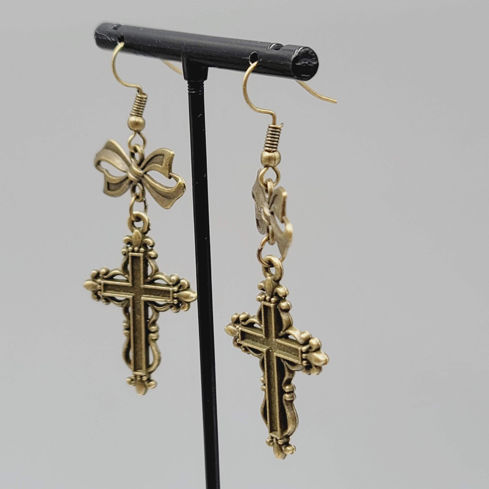 Cross Pierced Earrings Bronze tone Long Bow Dangle New 1.75"