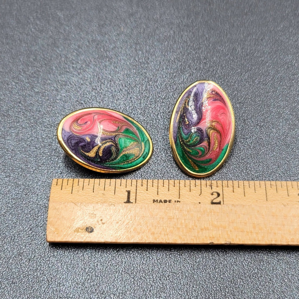 Vintage Pierced Earrings Green Purple Pink Swirl Enamel Oval Drop 1 1/8"