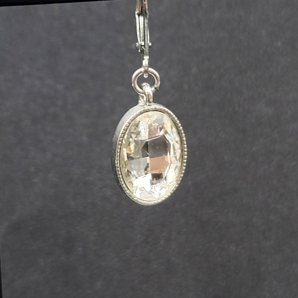 Pierced Earrings Silver tone Faceted Oval Glass Signed Dangle 3/4"