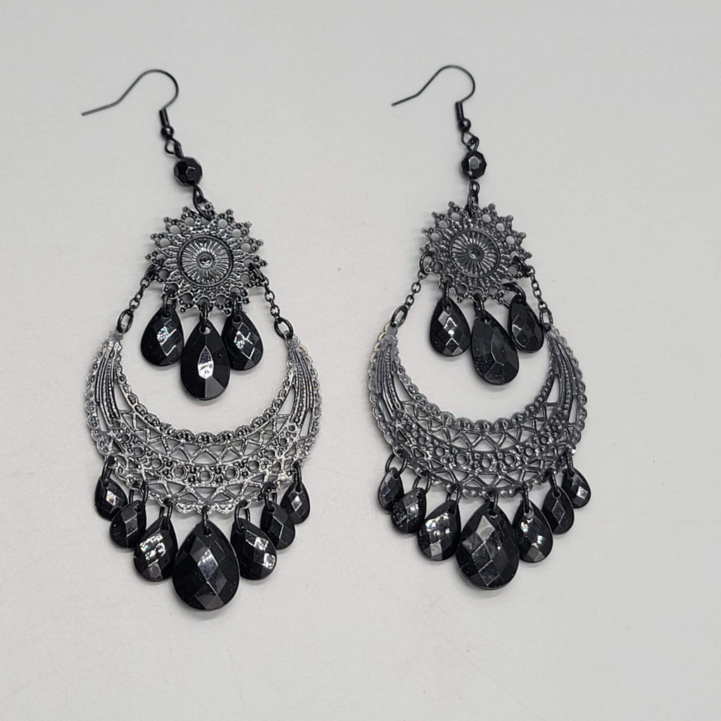 Black Enamel Chandelier Pierced Earrings Beaded Dangle LONG 4"