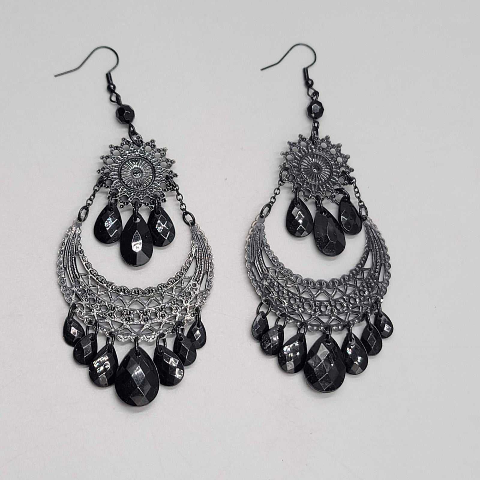 Black Enamel Chandelier Pierced Earrings Beaded Dangle LONG 4"