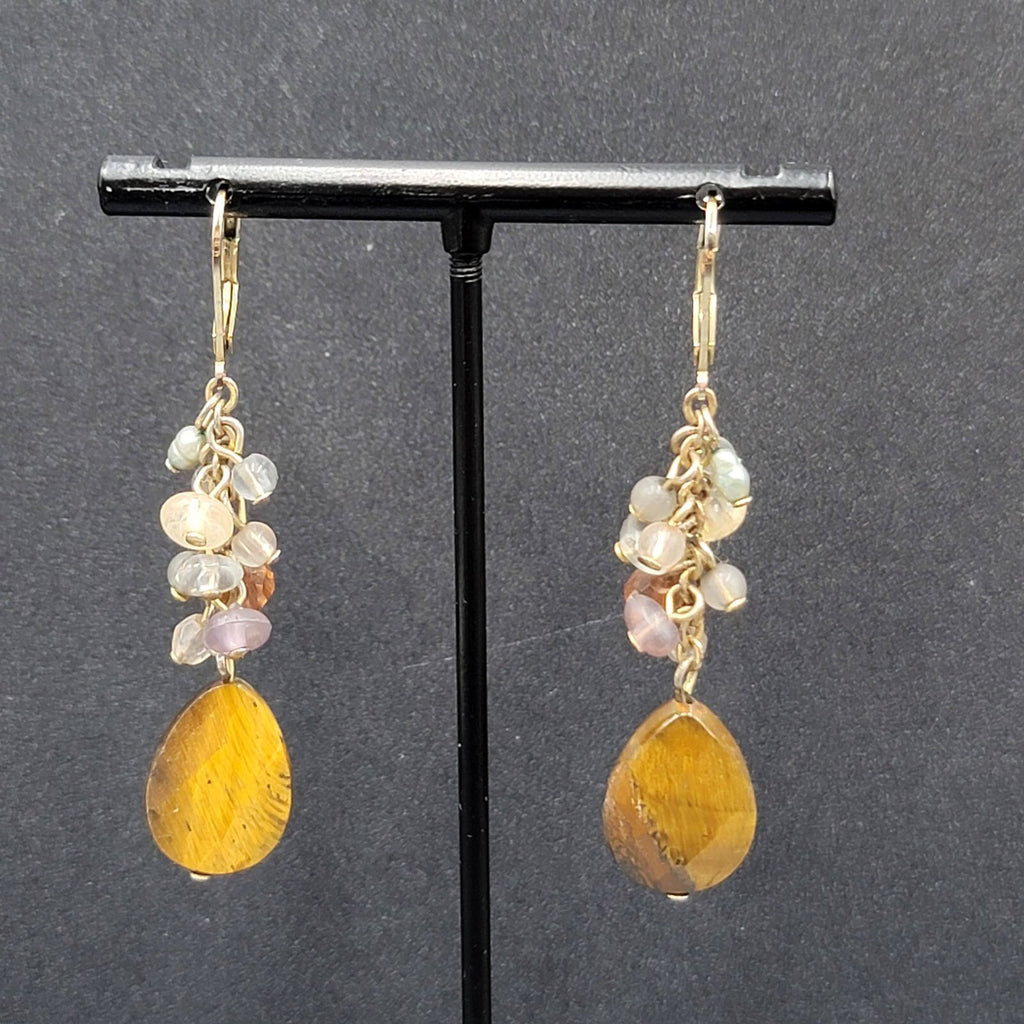 Pierced Earrings Silver tone Glass Bead Tigers Eye Teardrop 1.75"