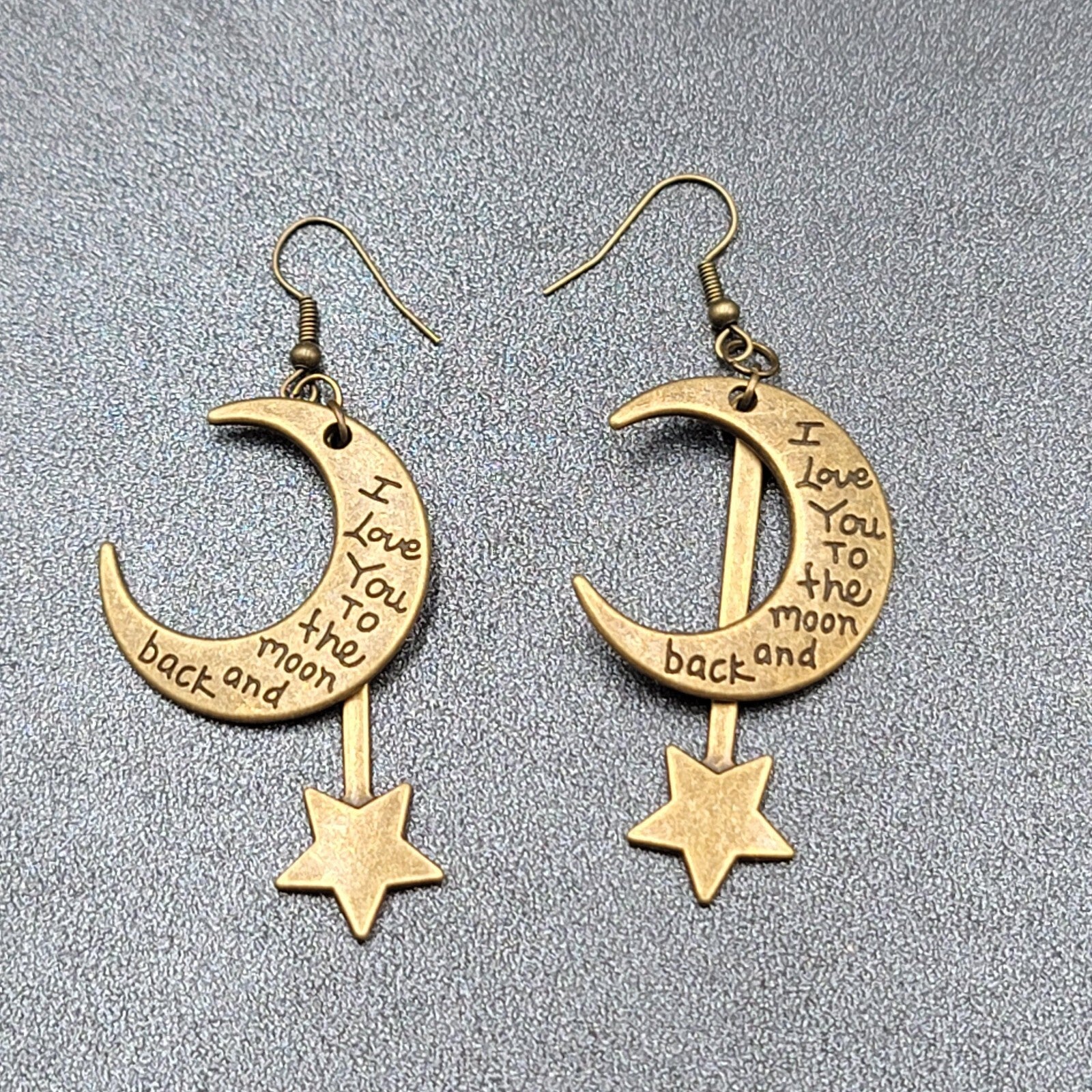 Pierced Earrings Bronze tone I Love You to the Moon and Back Metal Dangle 2"