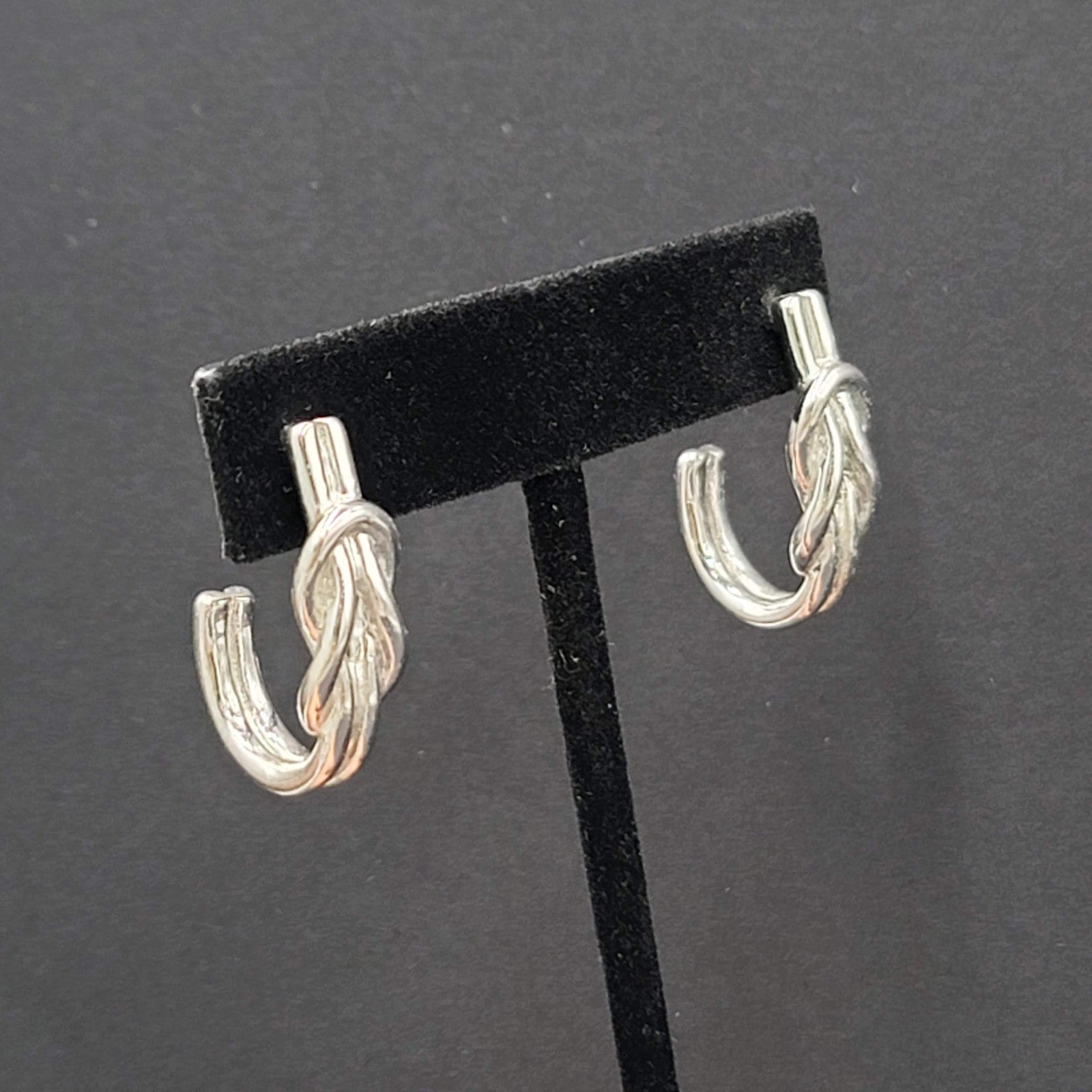 Square Knot Half Hoop Drop Pierced Earrings Silver tone 1"
