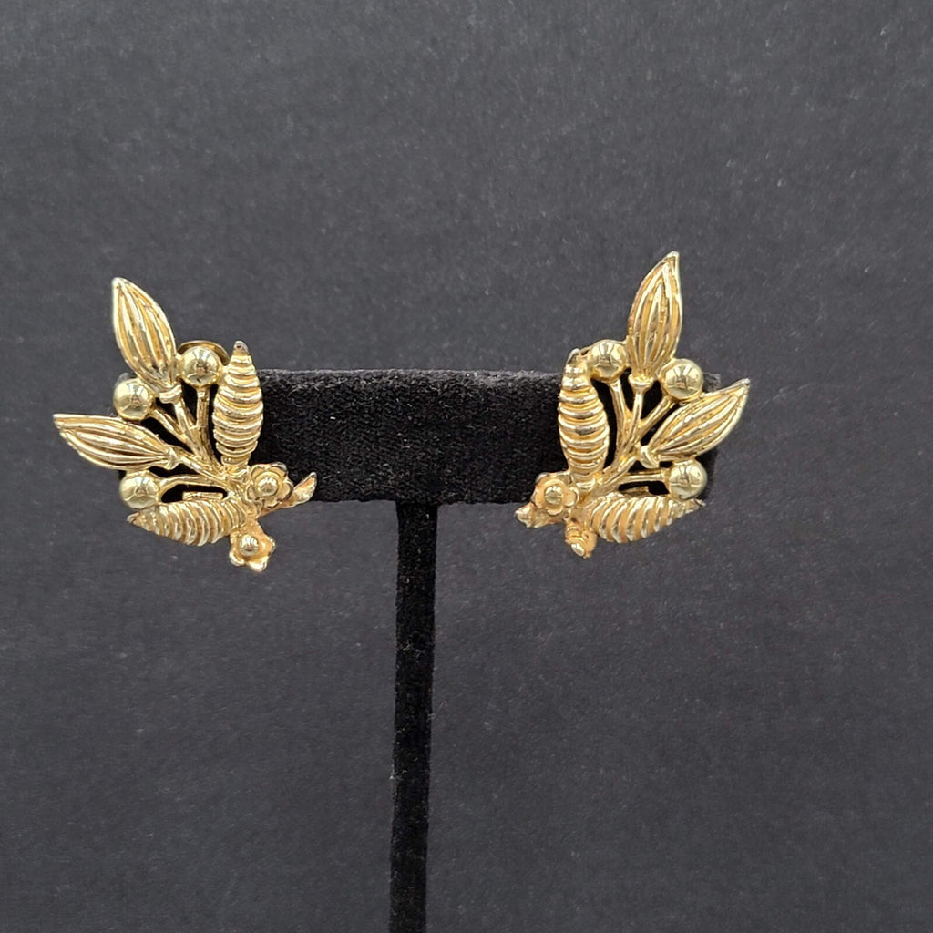 Vintage Clip on Earrings Gold tone Flower Leaves Climbers 1 3/8"