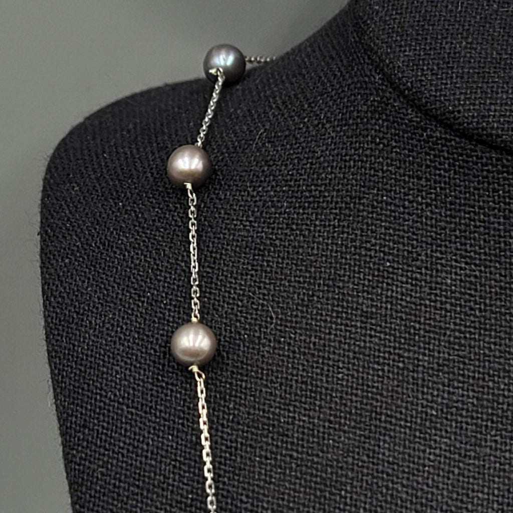 14K White Gold 5mm Tahitian Peacock Pearl Station Chain Necklace 17" long