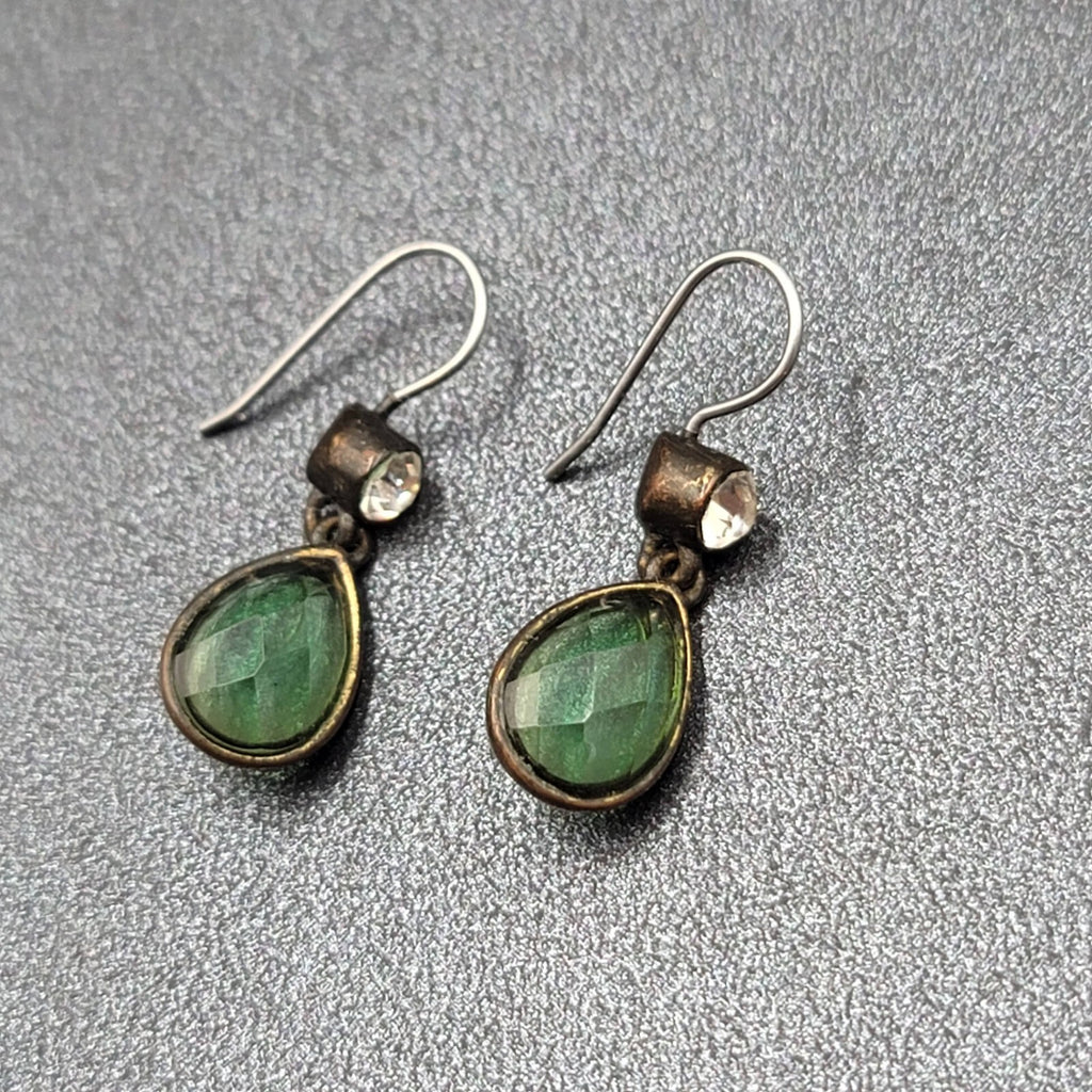Pierced Earrings Bronze tone Green Faceted Teardrop Stone 3/4"
