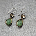 Pierced Earrings Bronze tone Green Faceted Teardrop Stone 3/4"
