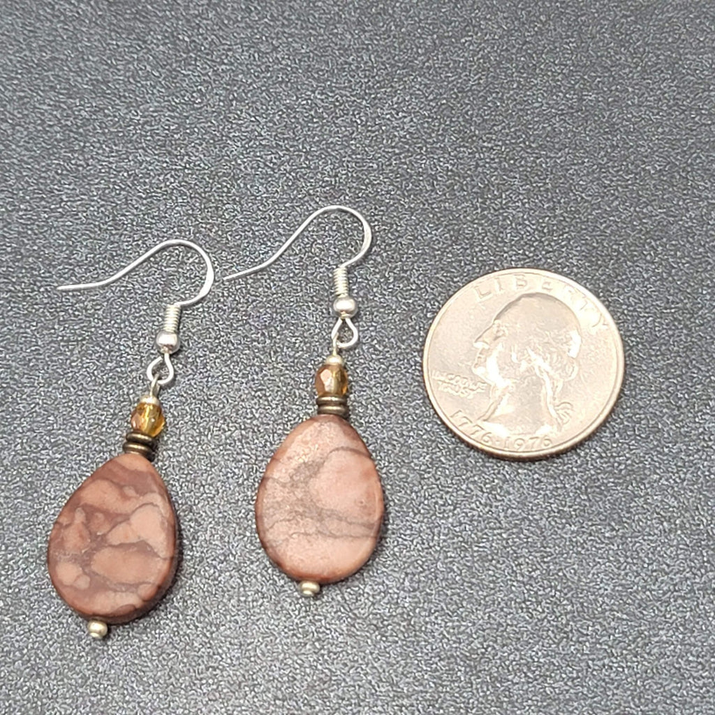 Pierced Earrings Sterling Silver Brown Stone Teardrop Bead Dangle 1.25"