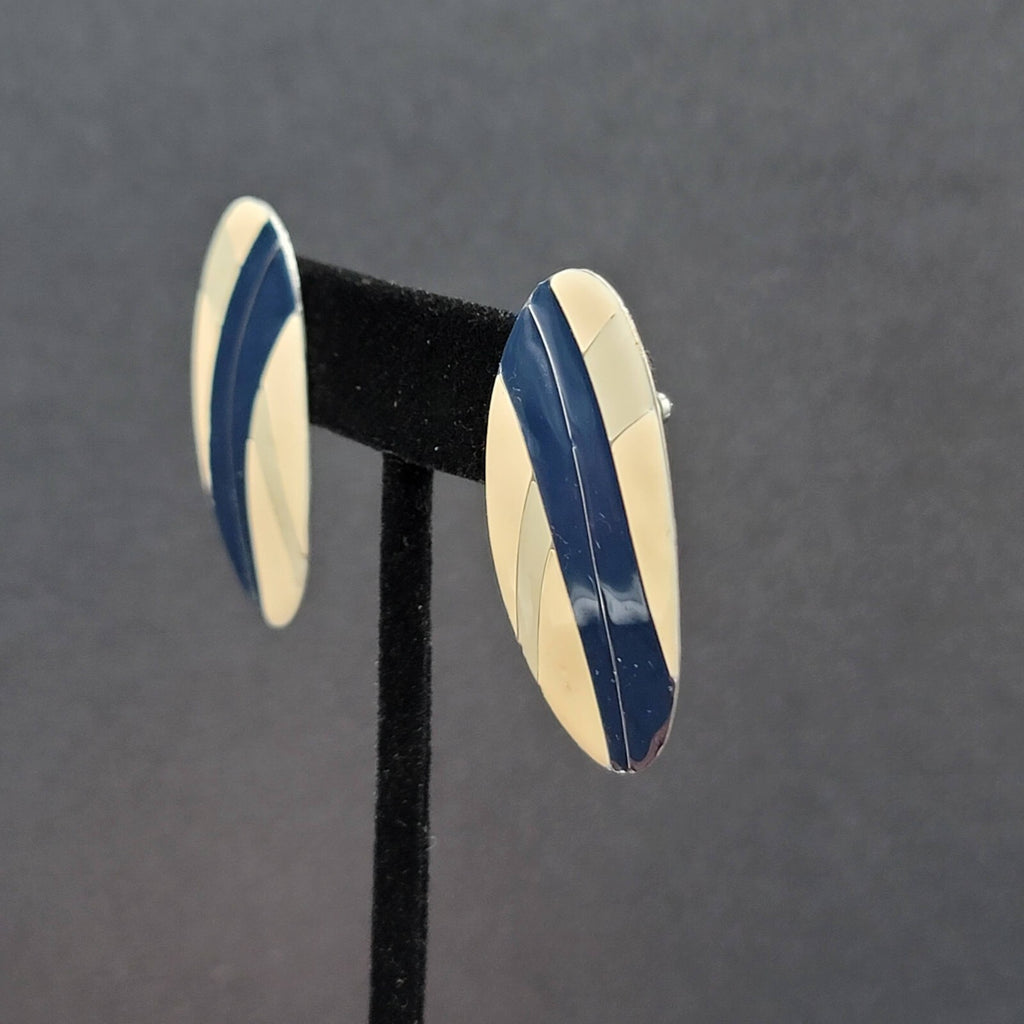 Vintage Pierced Earrings Tan Blue Oval Enamel Drop 1.5"