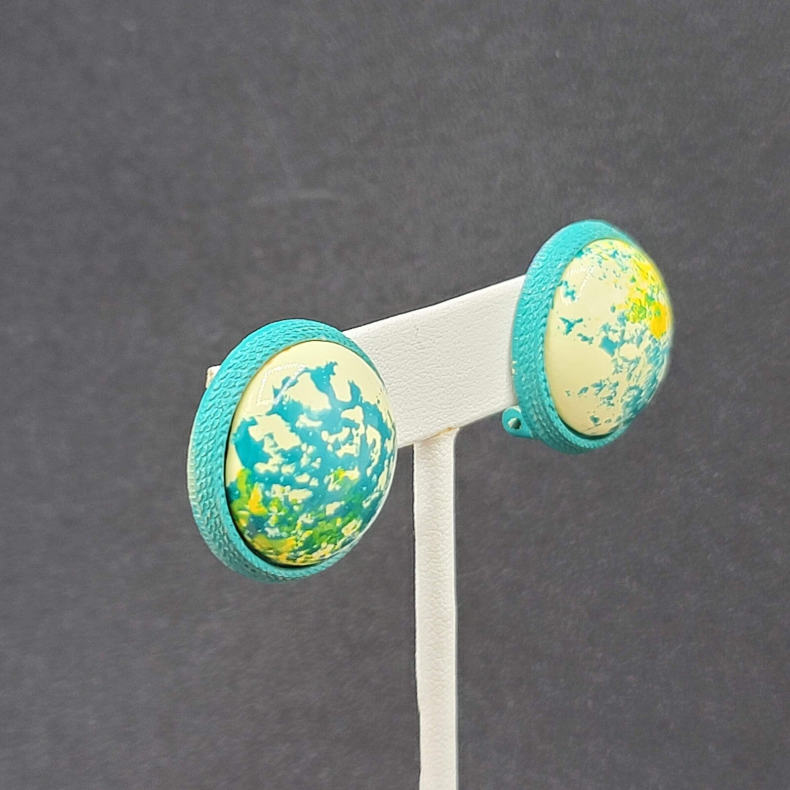 Vintage Clip on Earrings Round Dome Blue Green Yellow Speckle Studs 1" Hong Kong
