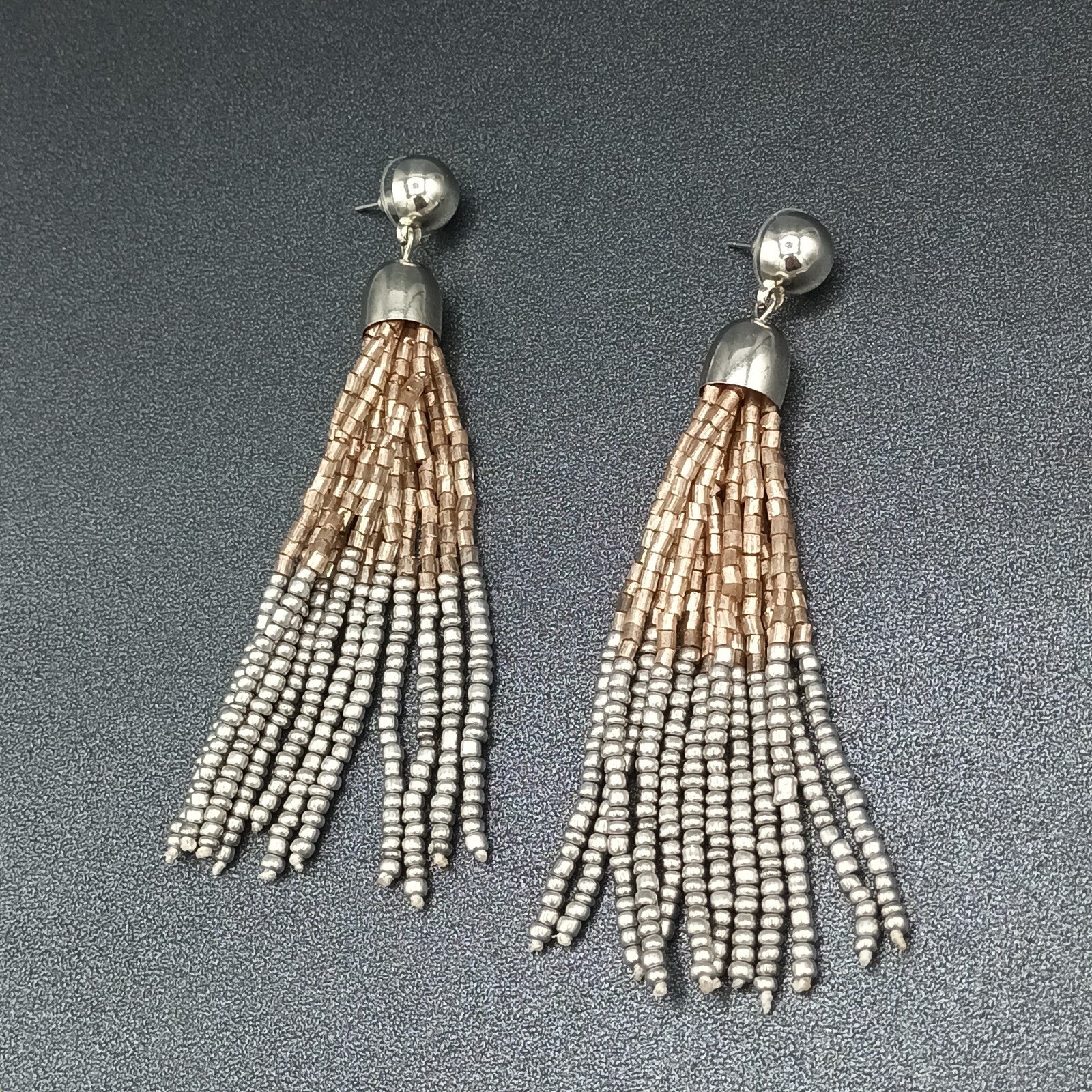 Pierced Earrings Gold and Silver tone Seed Bead Multi Strand Dangle 3.75"