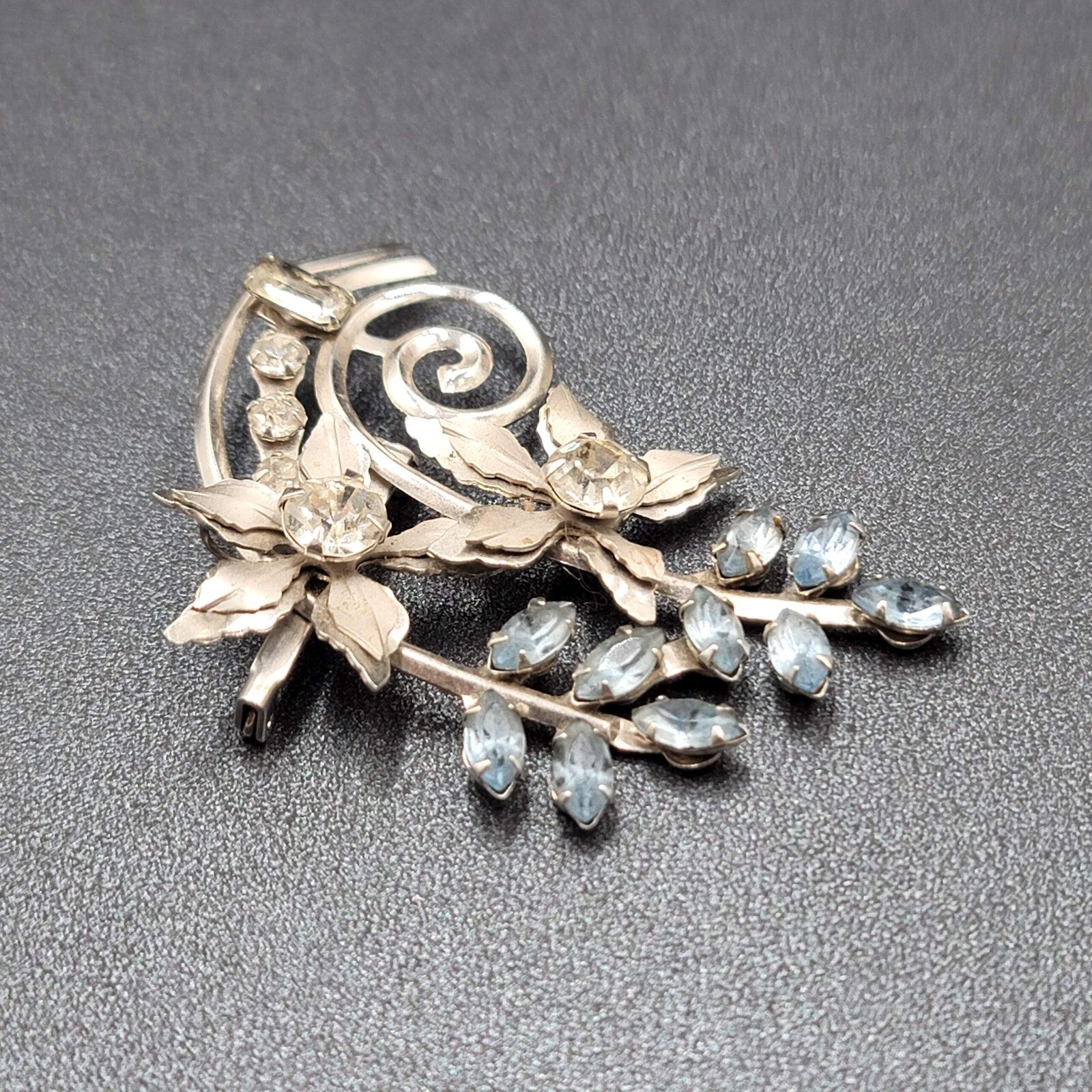 Vintage Brooch Blue Rhinestone Silver tone Pendant 2.25" Estate Jewelry