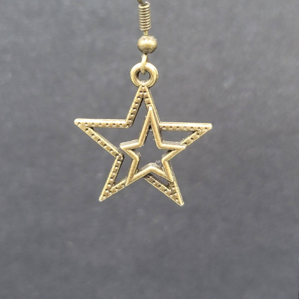 Pierced Earrings Bronze tone Double Open Star Dangle 7/8"