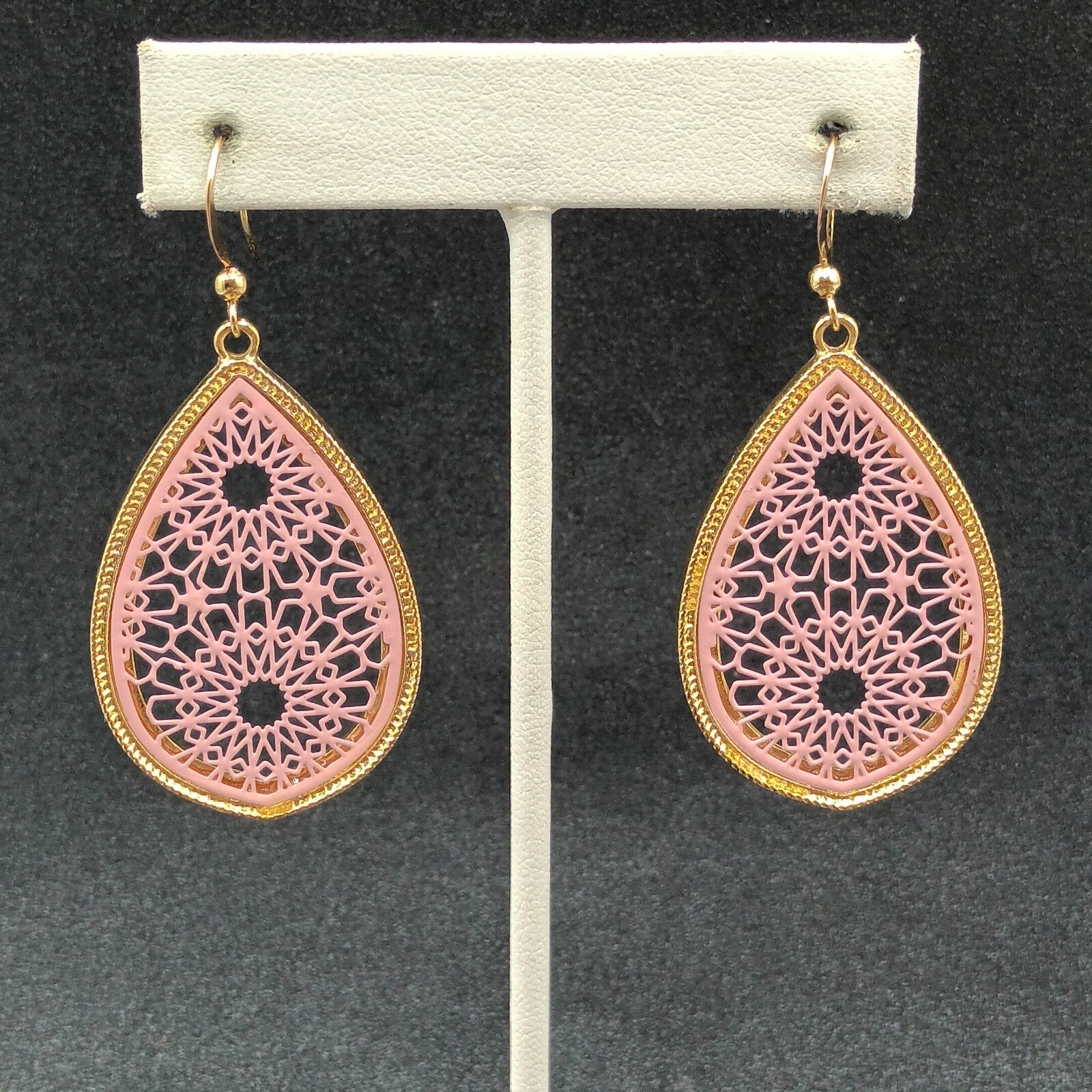 Pierced Earrings Gold tone Pink Acrylic Open Work Teardrop Dangle  1 3/4"
