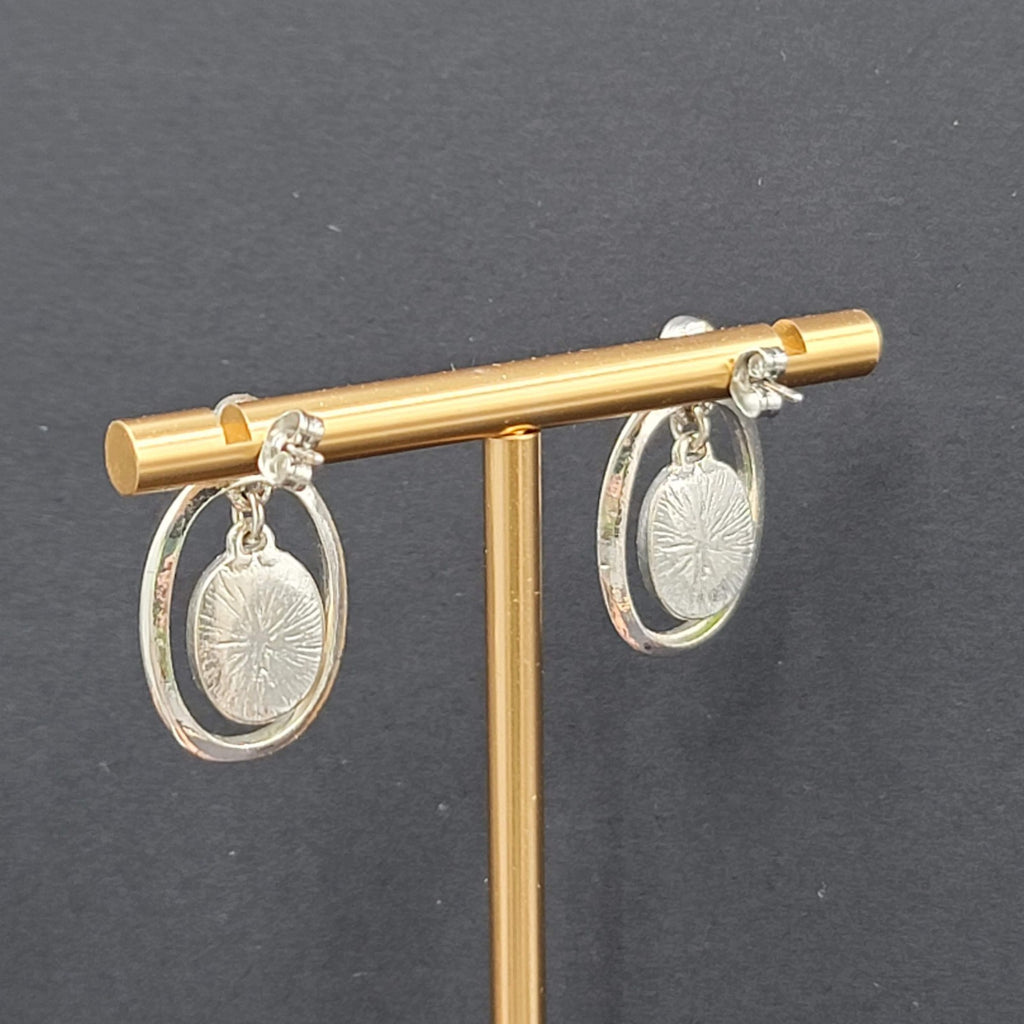 Lime Green Cats Eye Pierced Earrings Silver tone Dangle 1"