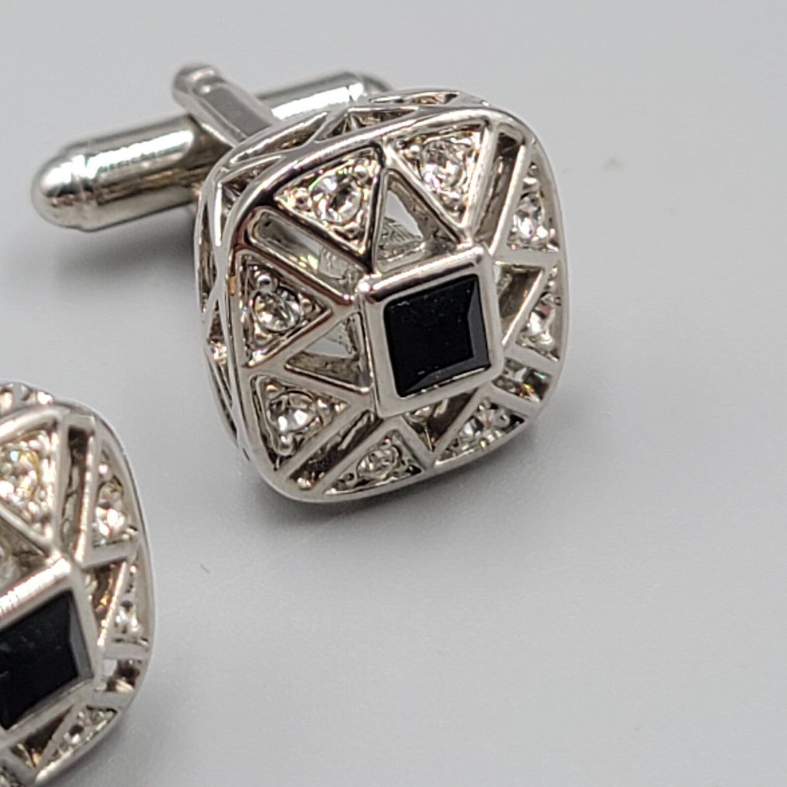 Rhinestone Silver Tone Cufflinks Square Black Center 3/4"
