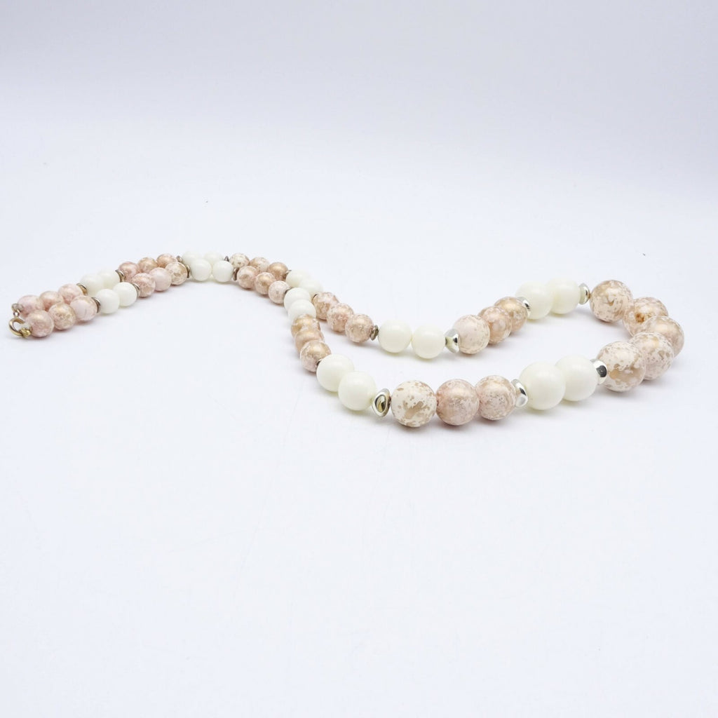 Vintage Mid Century White and Gold Graduated Bead Necklace 30 in