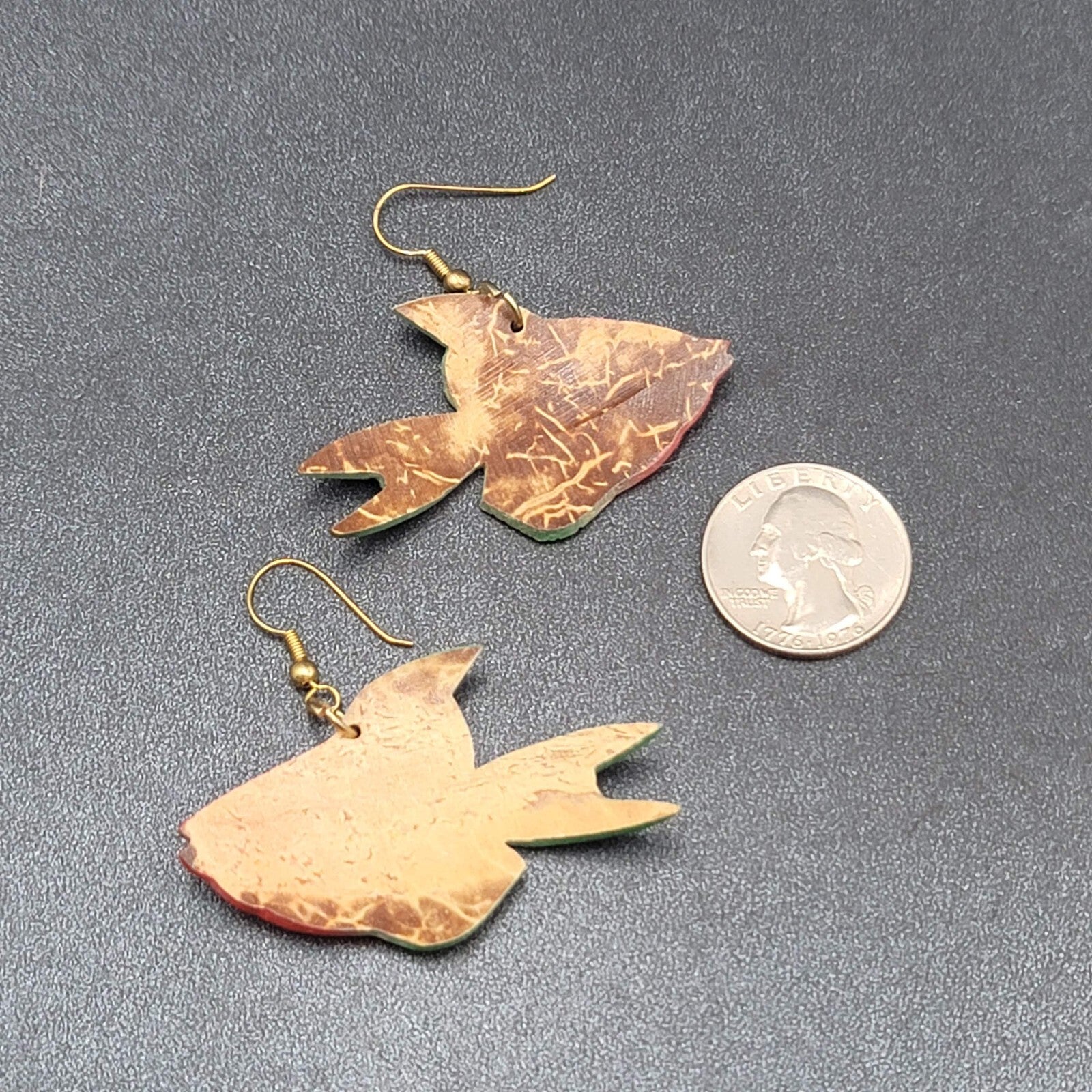 Vintage Pierced Earrings Coconut Shell Carved Fish Painted 2"