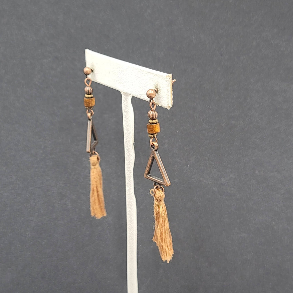 Tassel Pierced Earrings Bronze tone Wood Triangle Dangle 2.75"