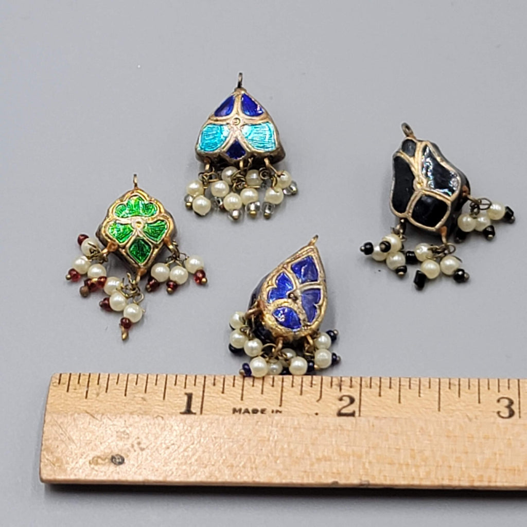 Lot of 4 Multicolor Enamel Guilloche Faux Pearl Dangle Pendants Charms 1"