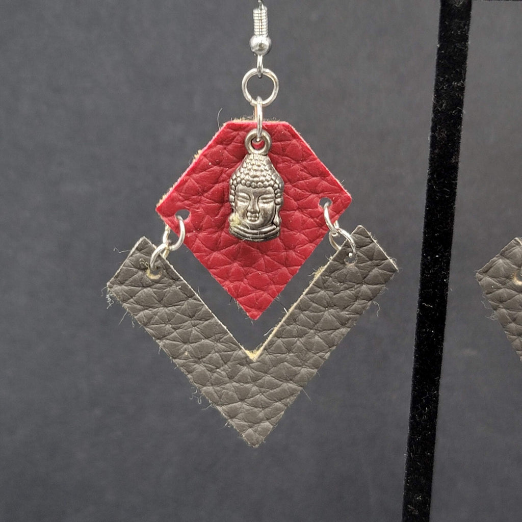 Buddha Pierced Earrings Red Brown Felt Dangle Lightweight 2"