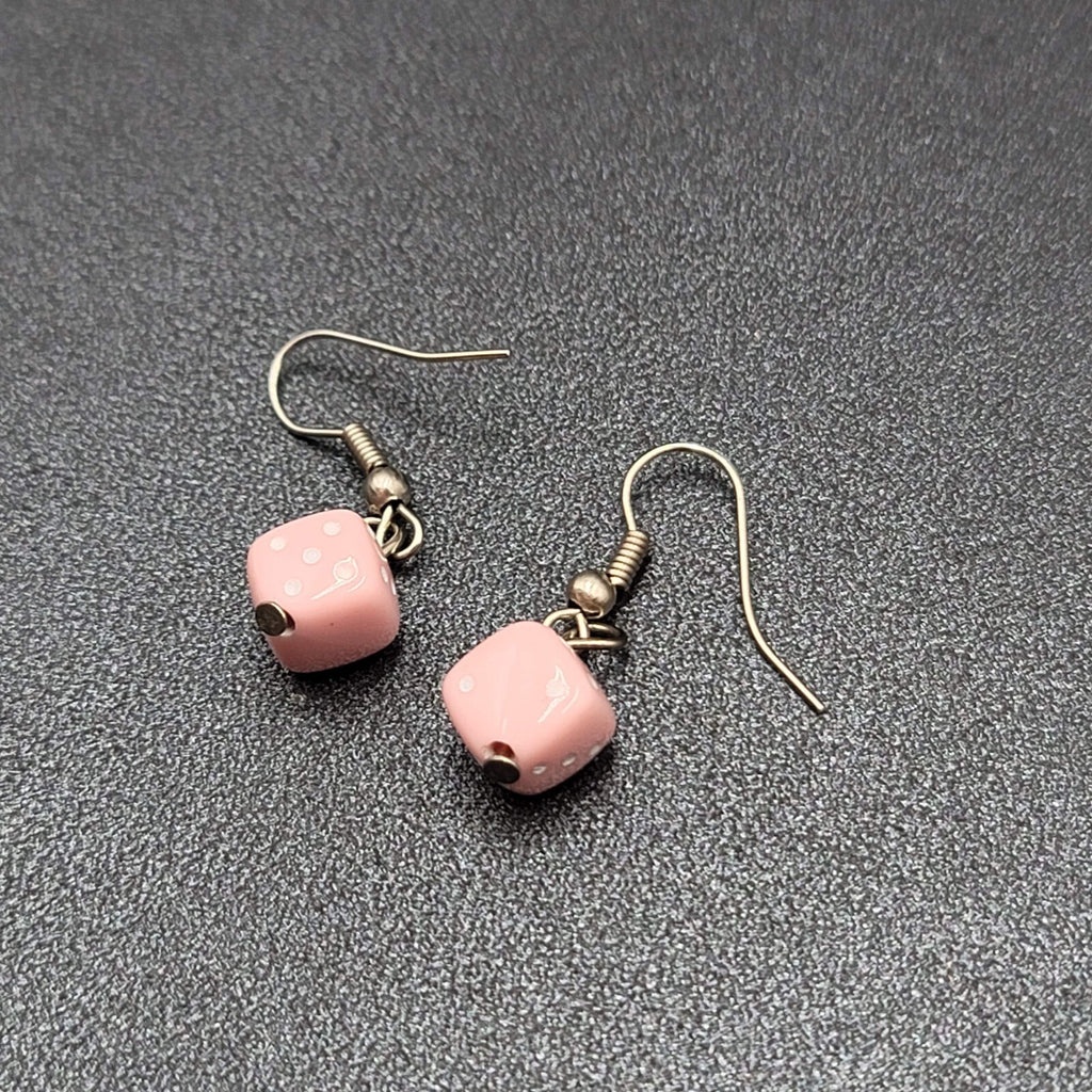 Pierced Earrings Silver tone Pink White Dice Dangle Small 3/8"