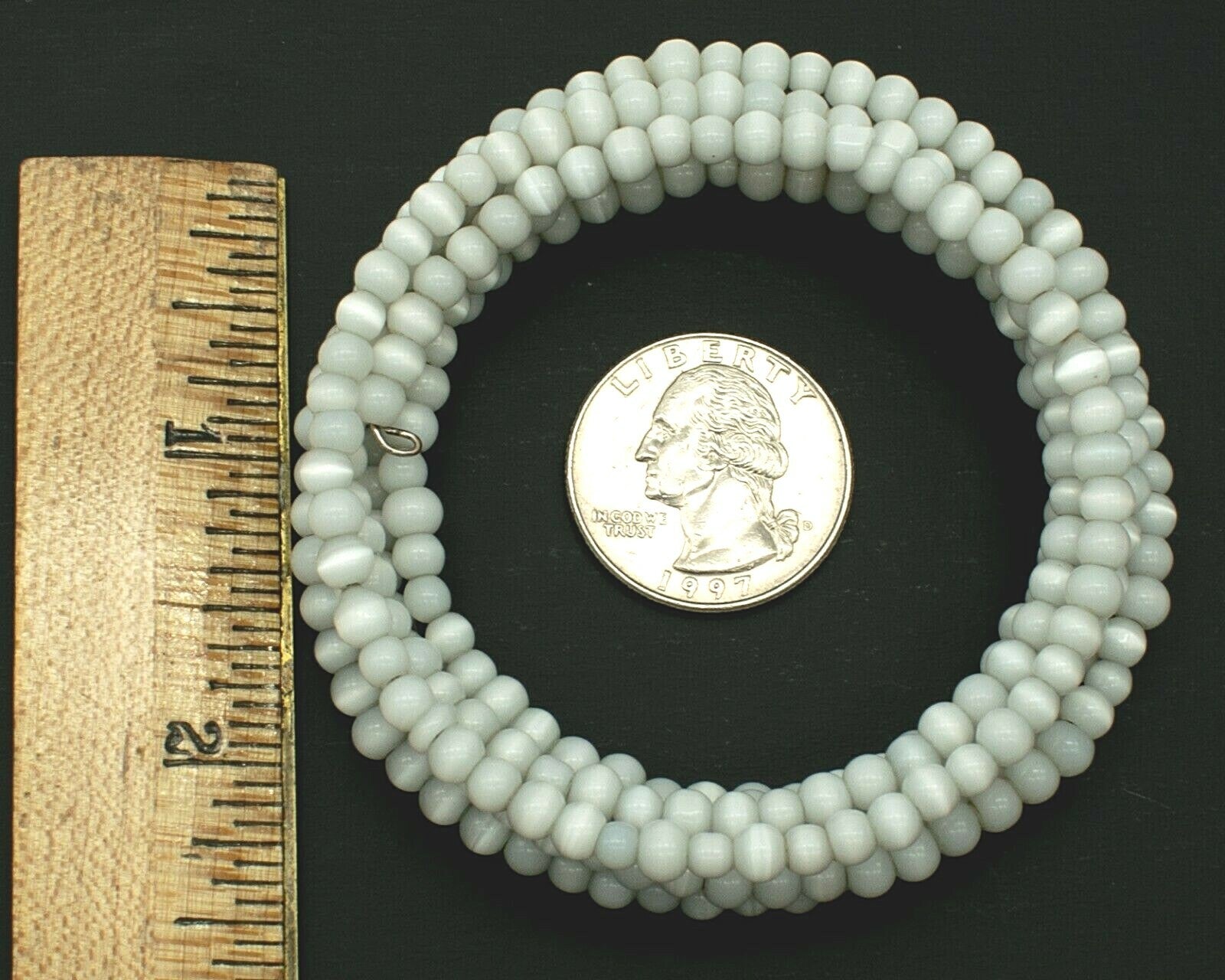 Vintage White Cat's Eye Beads Memory Wire Bracelet Estate Costume Jewelry 