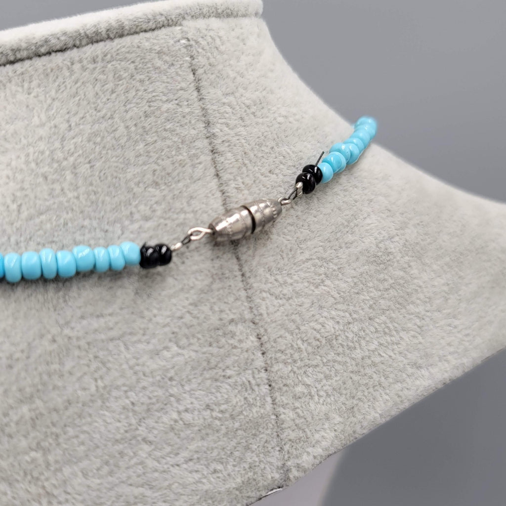 Artisan Butterfly Pendant Necklace Blue Black Bead Handmade 18 in