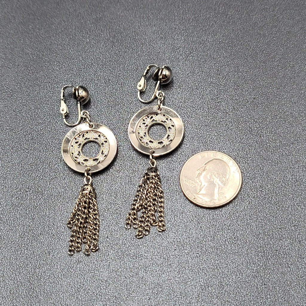 Vintage Clip on Earrings Silver tone Open Circle Tassel Chains  2.75"