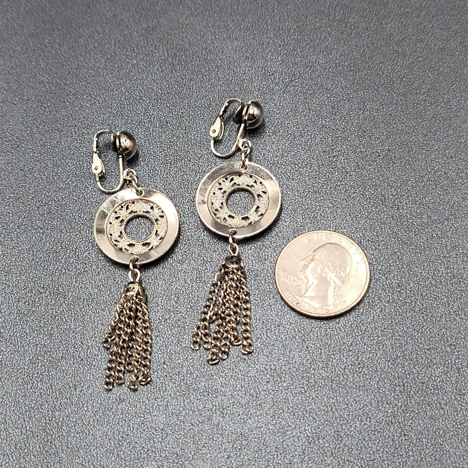 Vintage Clip on Earrings Silver tone Open Circle Tassel Chains  2.75"