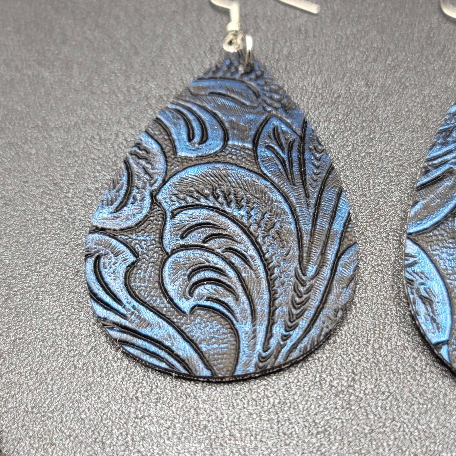 Lot of 3 Pierced Earrings Faux Tooled Leather Gold Green Blue 2.25"