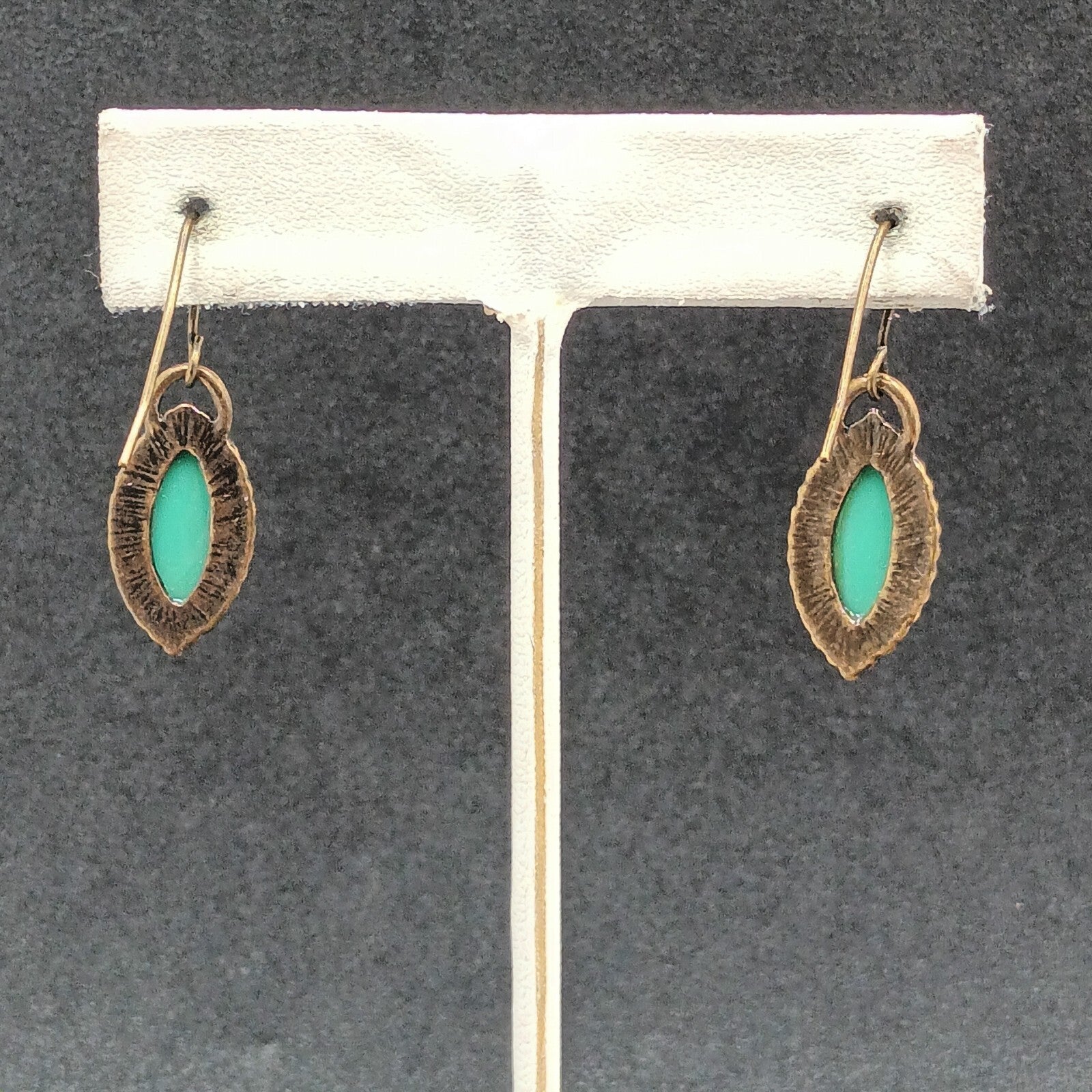 Pierced Earrings Antiqued Gold tone Faceted Faux Turquoise Acrylic Dangle 3/4"